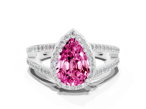 White gold Pear Cut Pink Sapphire Halo Ring with Split Shank U-Prong Band and Four-Prong Setting