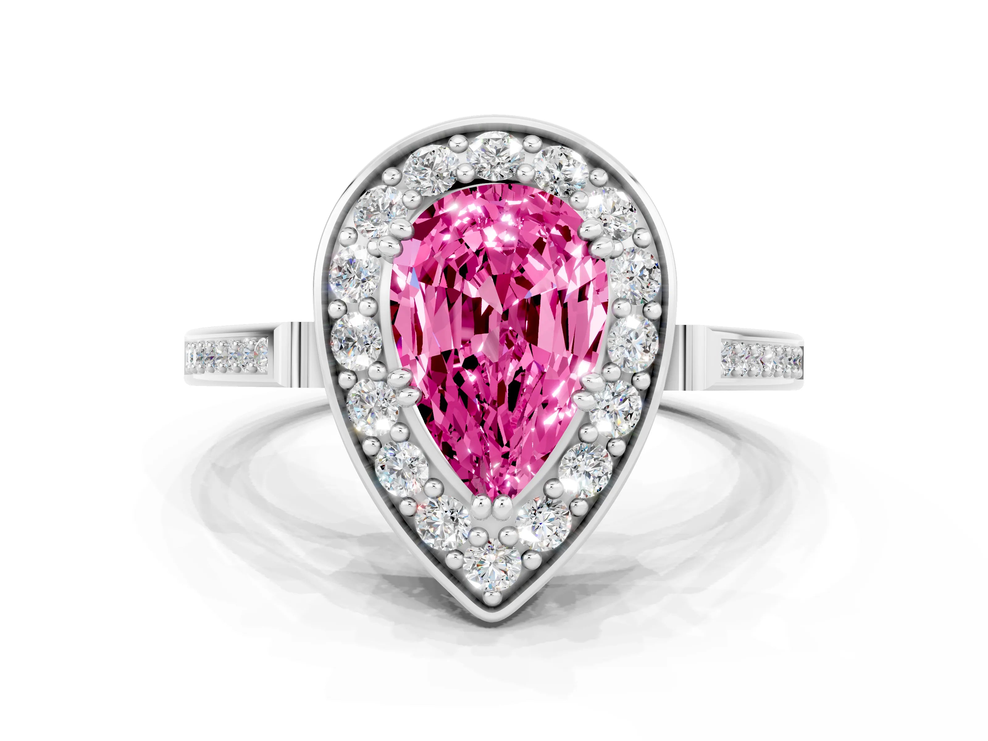 White gold Pear Cut Pink Sapphire Halo Ring with Split Shank and Four-Prong Setting_12
