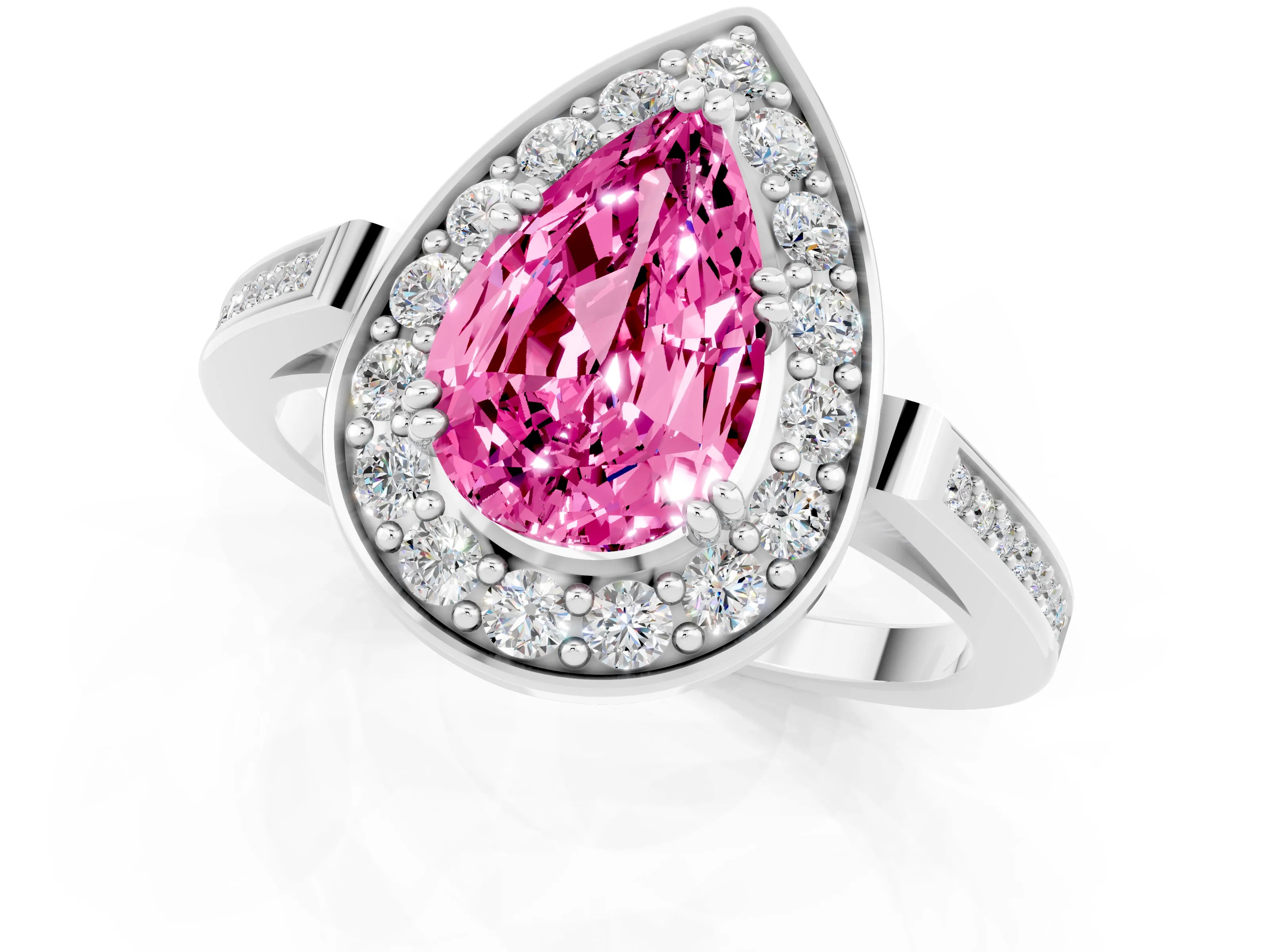 White gold Pear Cut Pink Sapphire Halo Ring with Split Shank and Four-Prong Setting_13