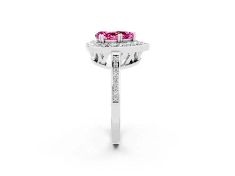 White gold Pear Cut Pink Sapphire Halo Ring with Split Shank and Four-Prong Setting_14