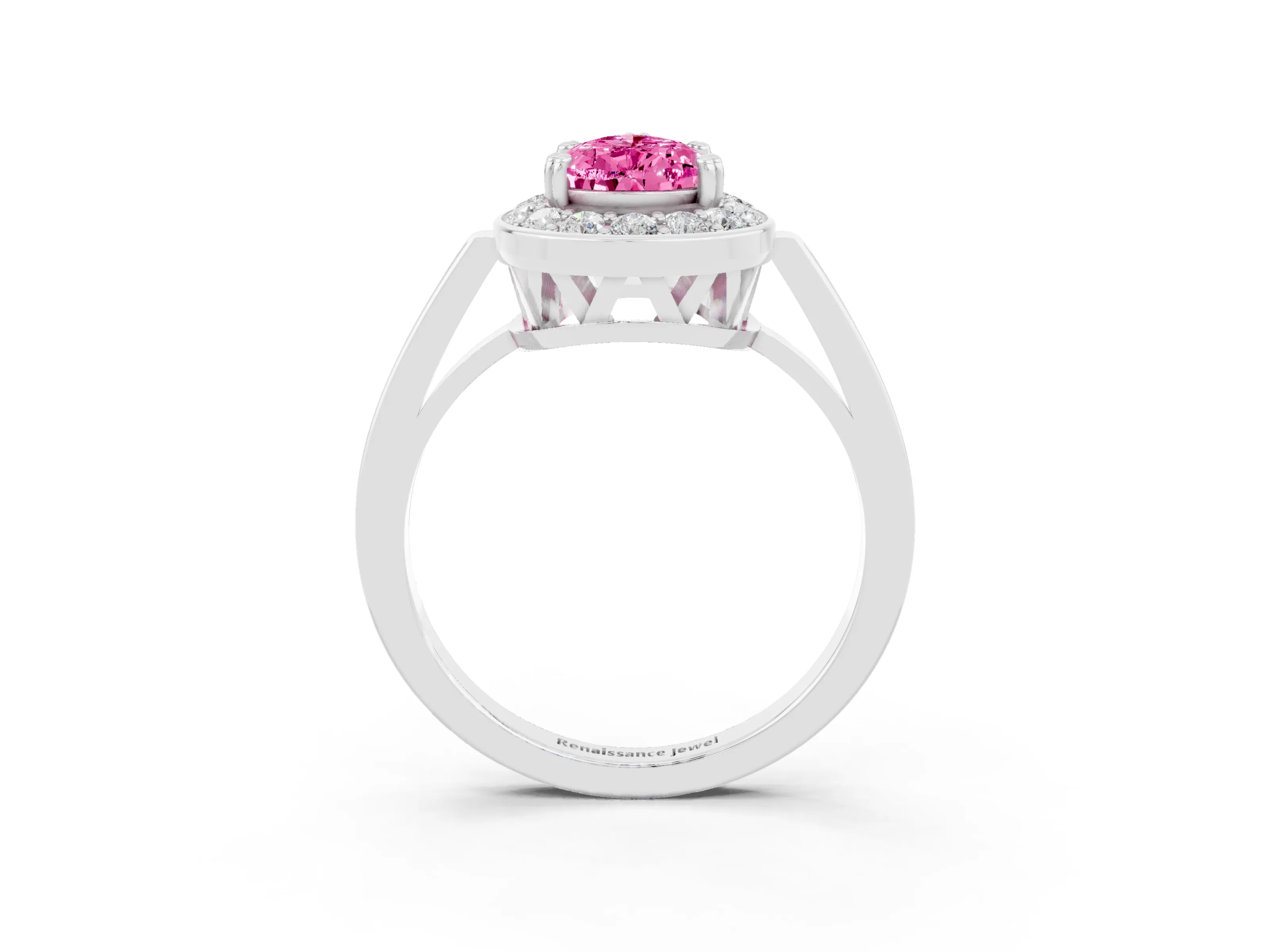 White gold Pear Cut Pink Sapphire Halo Ring with Split Shank and Four-Prong Setting_15