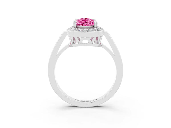 White gold Pear Cut Pink Sapphire Halo Ring with Split Shank and Four-Prong Setting