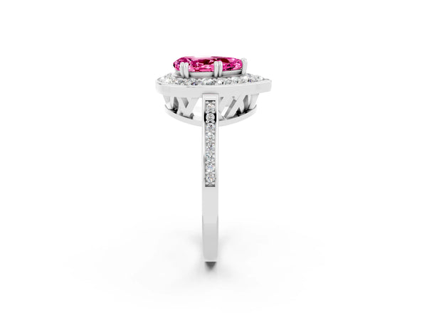 Platinum Pear Cut Pink Sapphire Halo Ring with Split Shank and Four-Prong Setting