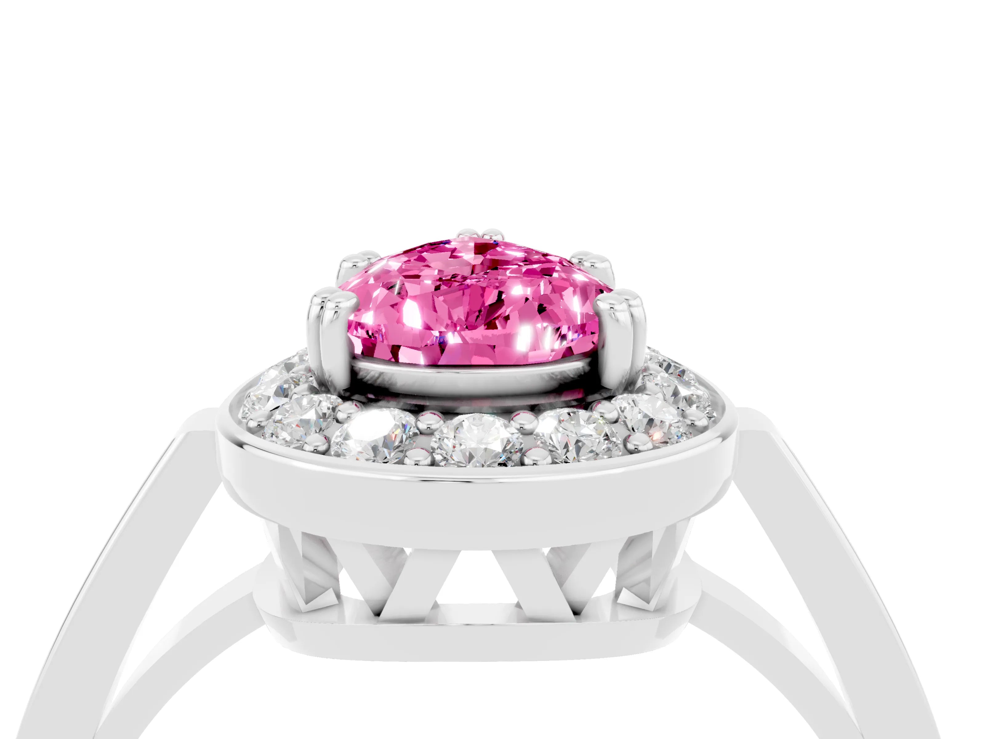 White gold Pear Cut Pink Sapphire Halo Ring with Split Shank and Four-Prong Setting_4