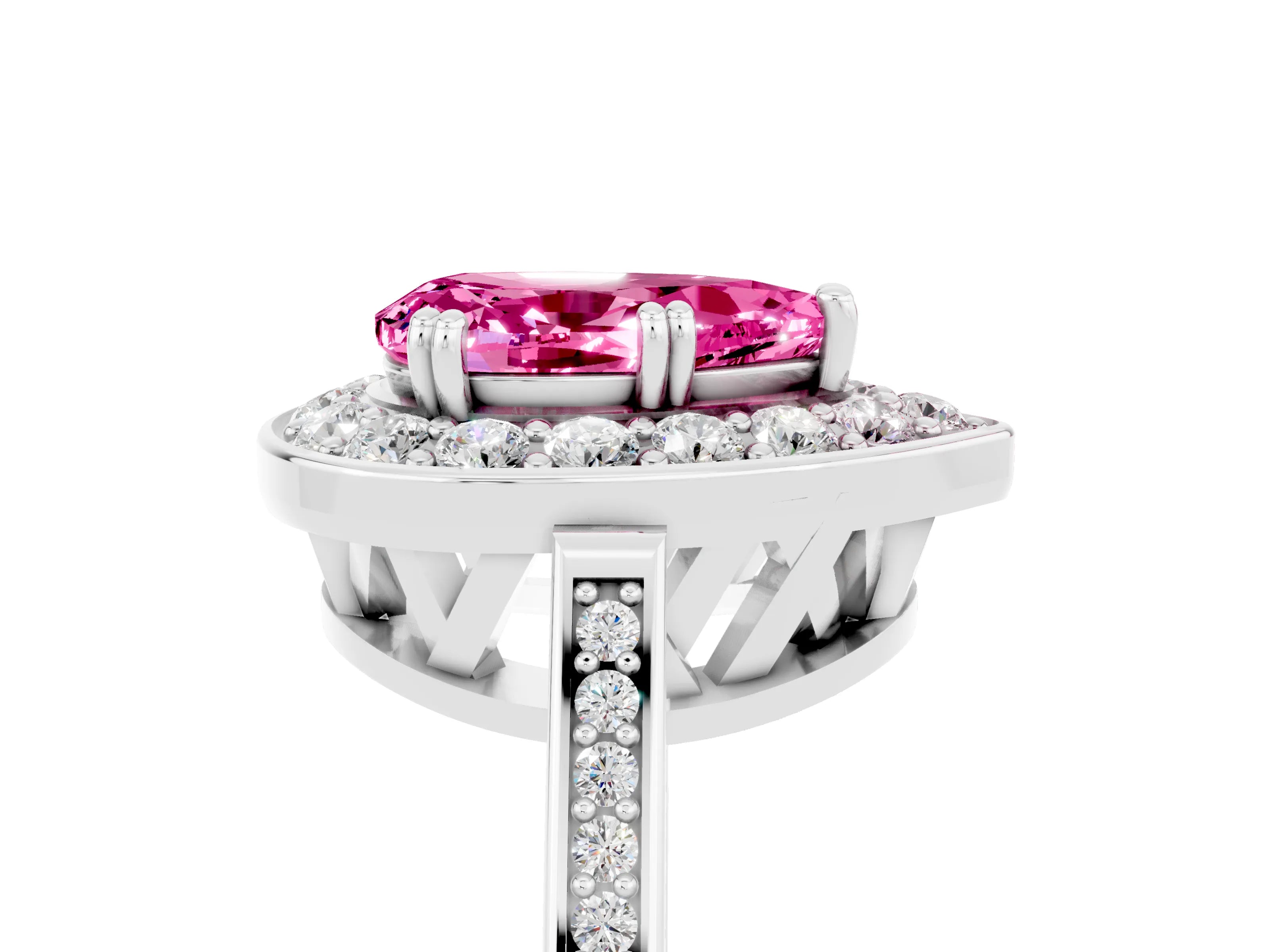 White gold Pear Cut Pink Sapphire Halo Ring with Split Shank and Four-Prong Setting_5