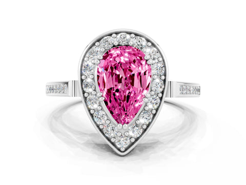 White gold Pear Cut Pink Sapphire Halo Ring with Split Shank and Four-Prong Setting