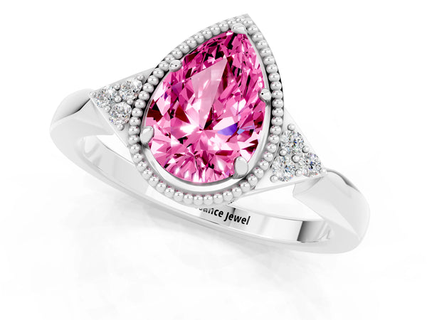 Platinum Pear Cut Pink Sapphire Halo Ring with Tapered Band and Four-Prong Setting