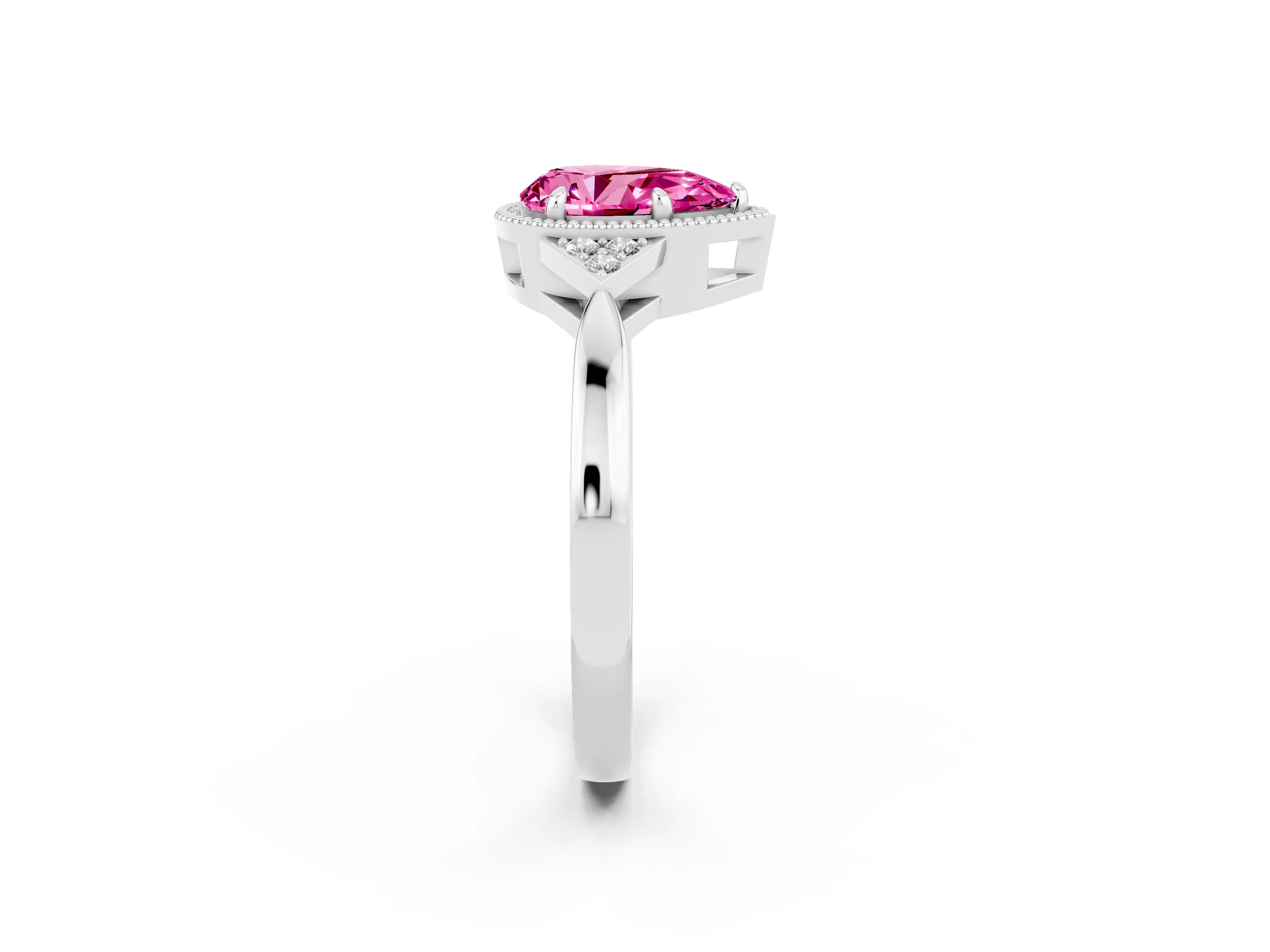 White gold Pear Cut Pink Sapphire Halo Ring with Tapered Band and Four-Prong Setting_2