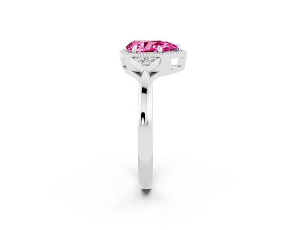 Platinum Pear Cut Pink Sapphire Halo Ring with Tapered Band and Four-Prong Setting