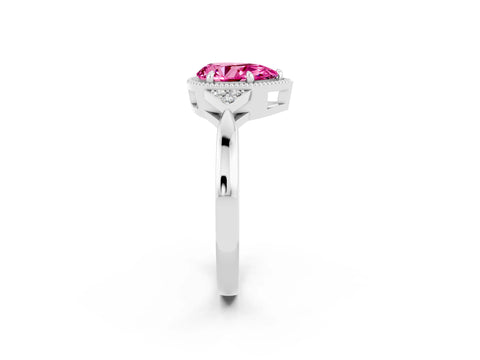 White gold Pear Cut Pink Sapphire Halo Ring with Tapered Band and Four-Prong Setting_2