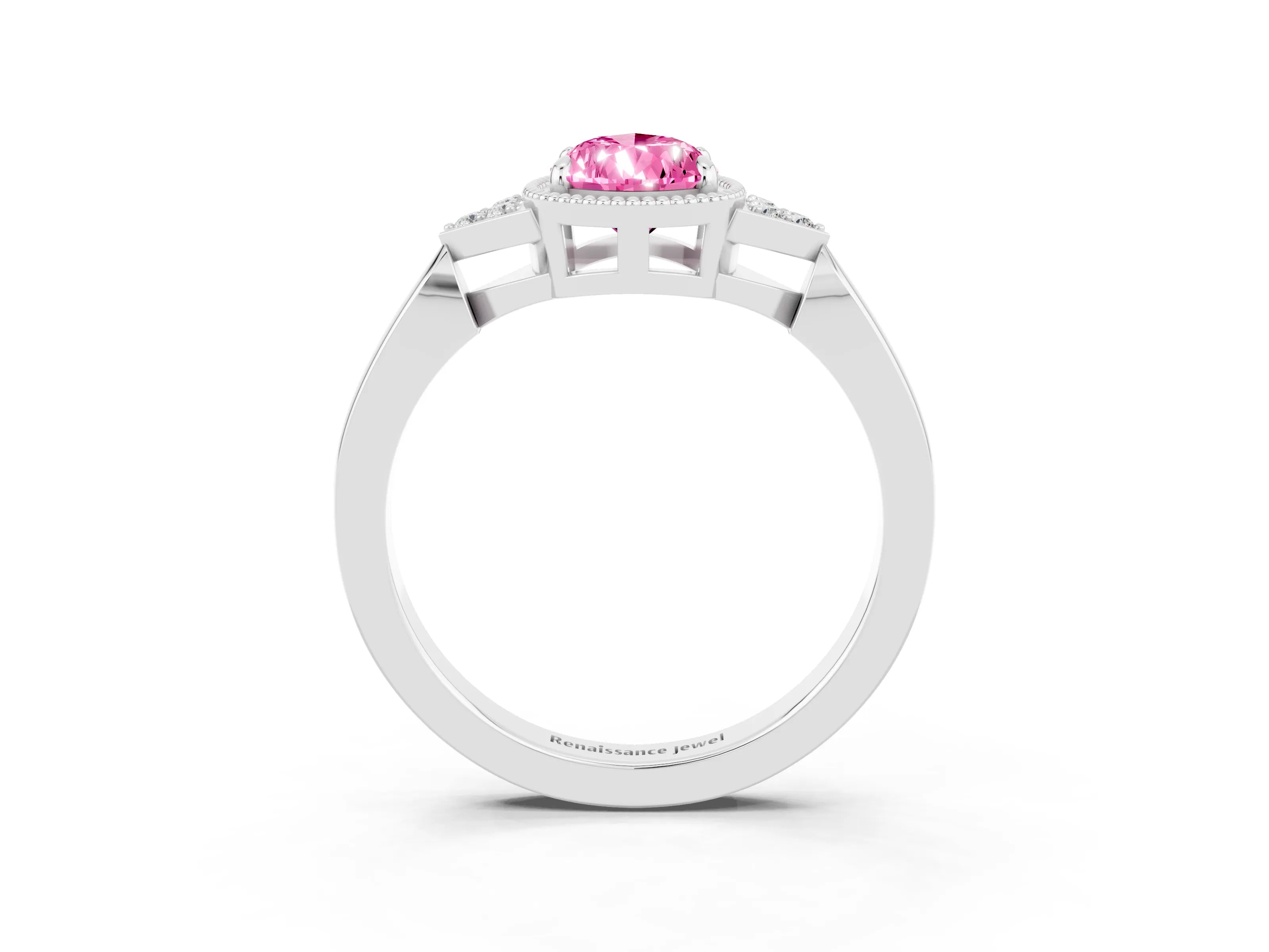 White gold Pear Cut Pink Sapphire Halo Ring with Tapered Band and Four-Prong Setting_3