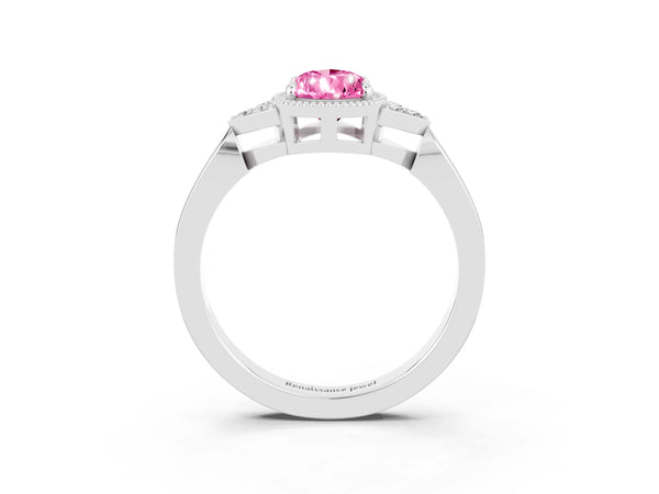 Silver Pear Cut Pink Sapphire Halo Ring with Tapered Band and Four-Prong Setting