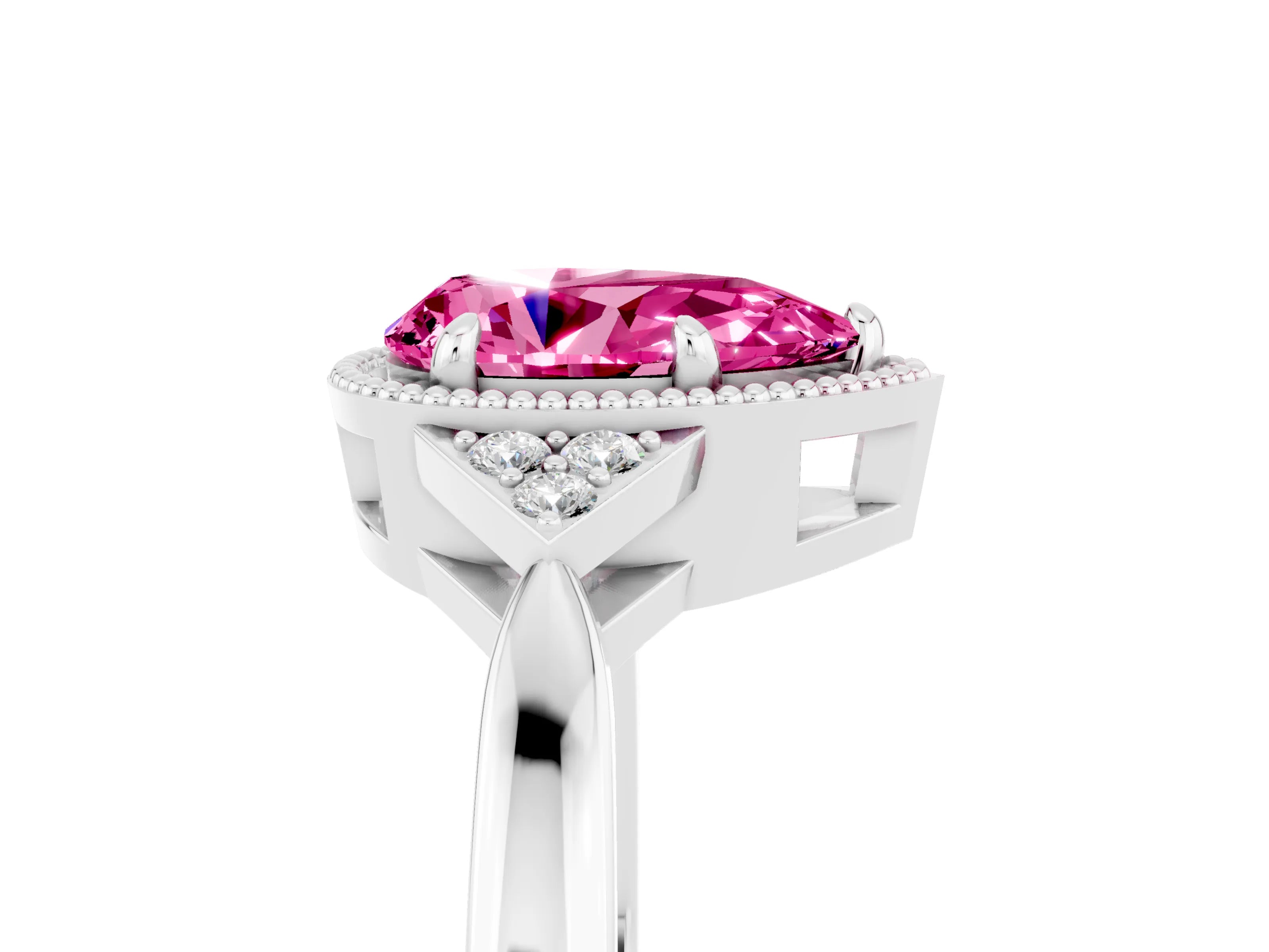 White gold Pear Cut Pink Sapphire Halo Ring with Tapered Band and Four-Prong Setting_5