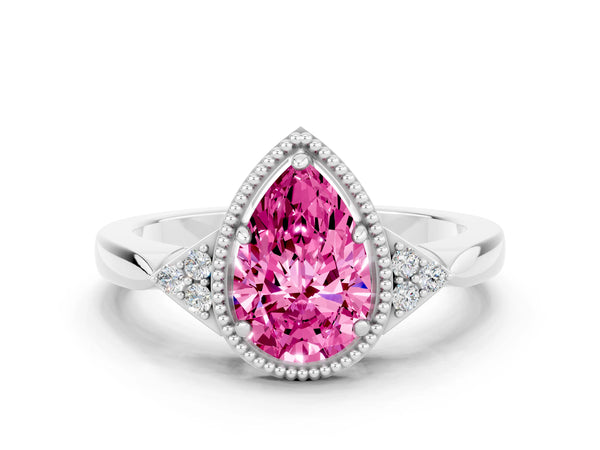 White gold Pear Cut Pink Sapphire Halo Ring with Tapered Band and Four-Prong Setting