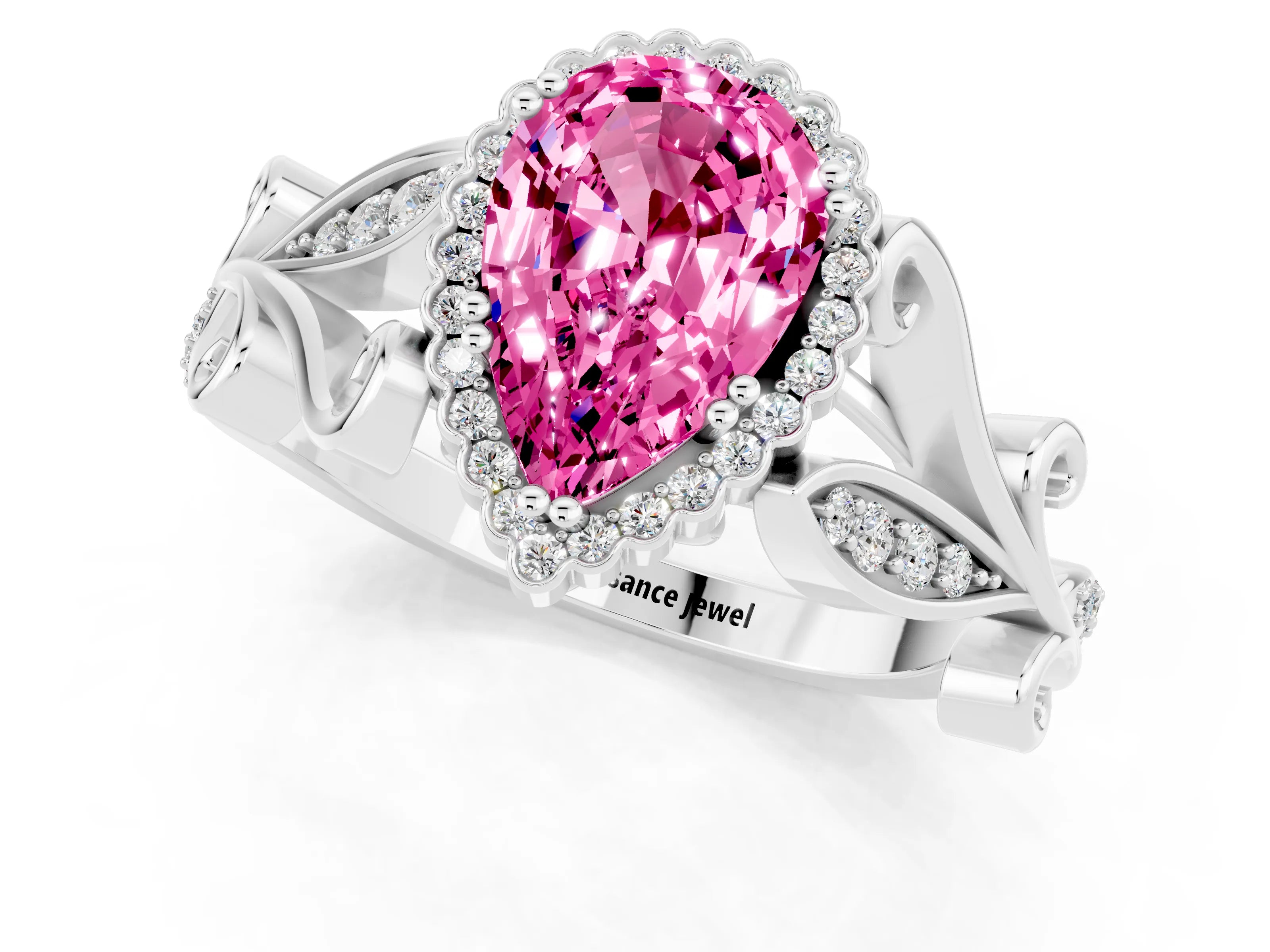 White gold Pear Cut Pink Sapphire Halo Ring with Vintage Split Shank and Four-Prong Setting_1