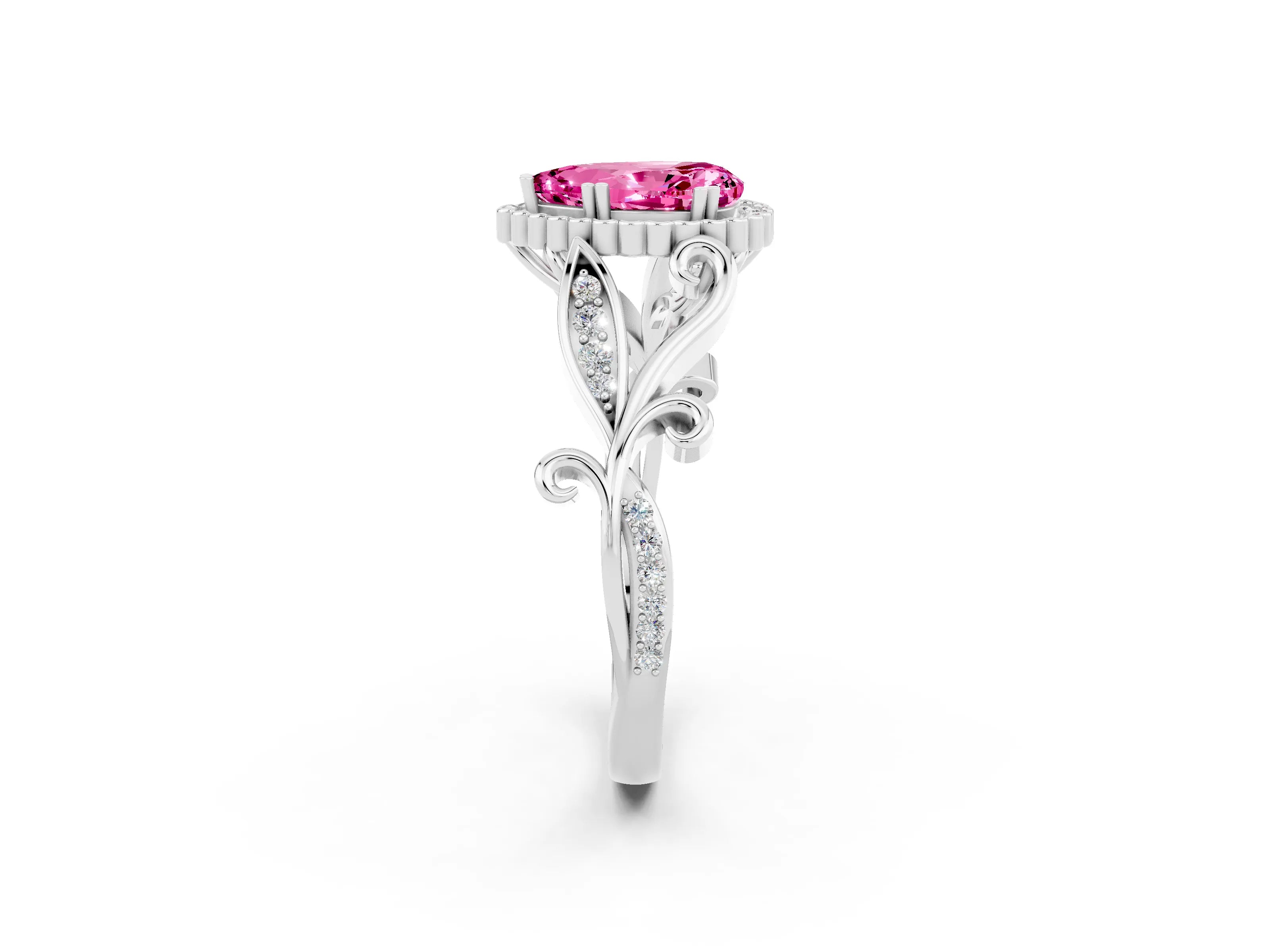 White gold Pear Cut Pink Sapphire Halo Ring with Vintage Split Shank and Four-Prong Setting_2
