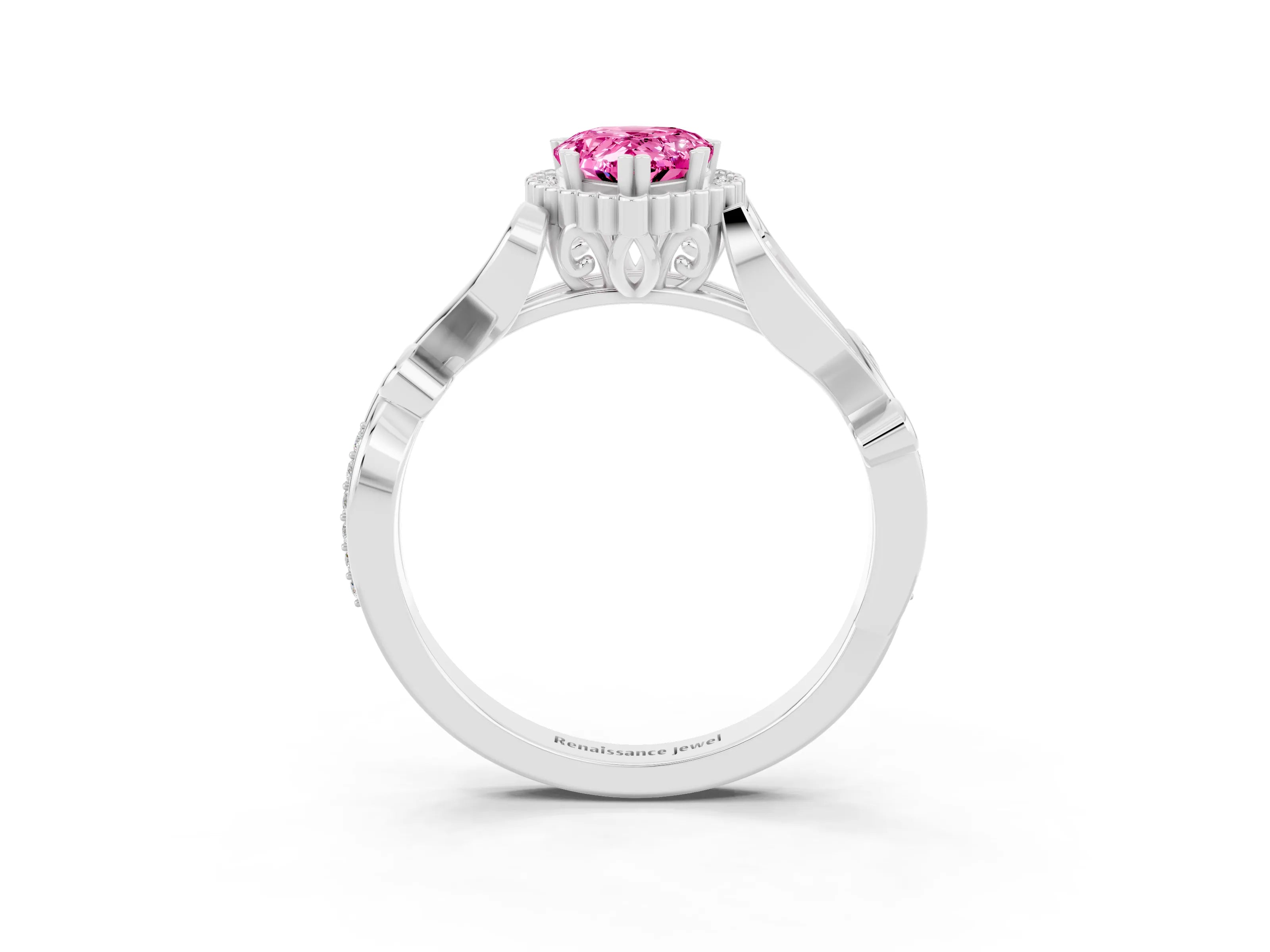 White gold Pear Cut Pink Sapphire Halo Ring with Vintage Split Shank and Four-Prong Setting_3