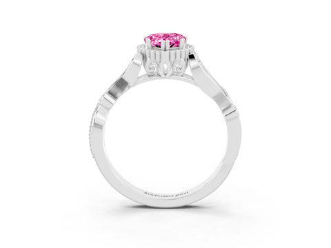 White gold Pear Cut Pink Sapphire Halo Ring with Vintage Split Shank and Four-Prong Setting_3