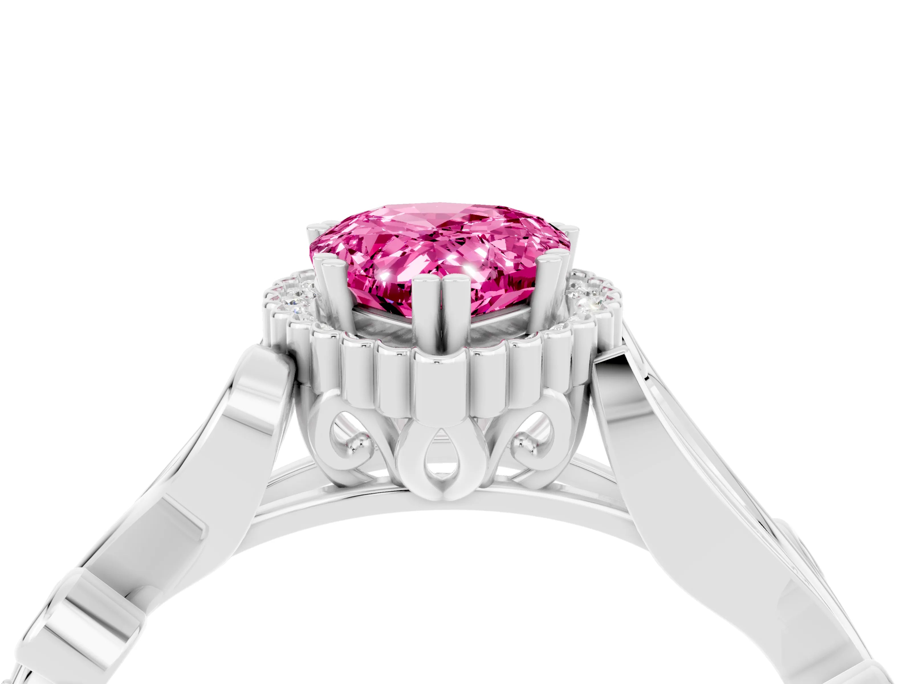 White gold Pear Cut Pink Sapphire Halo Ring with Vintage Split Shank and Four-Prong Setting_4