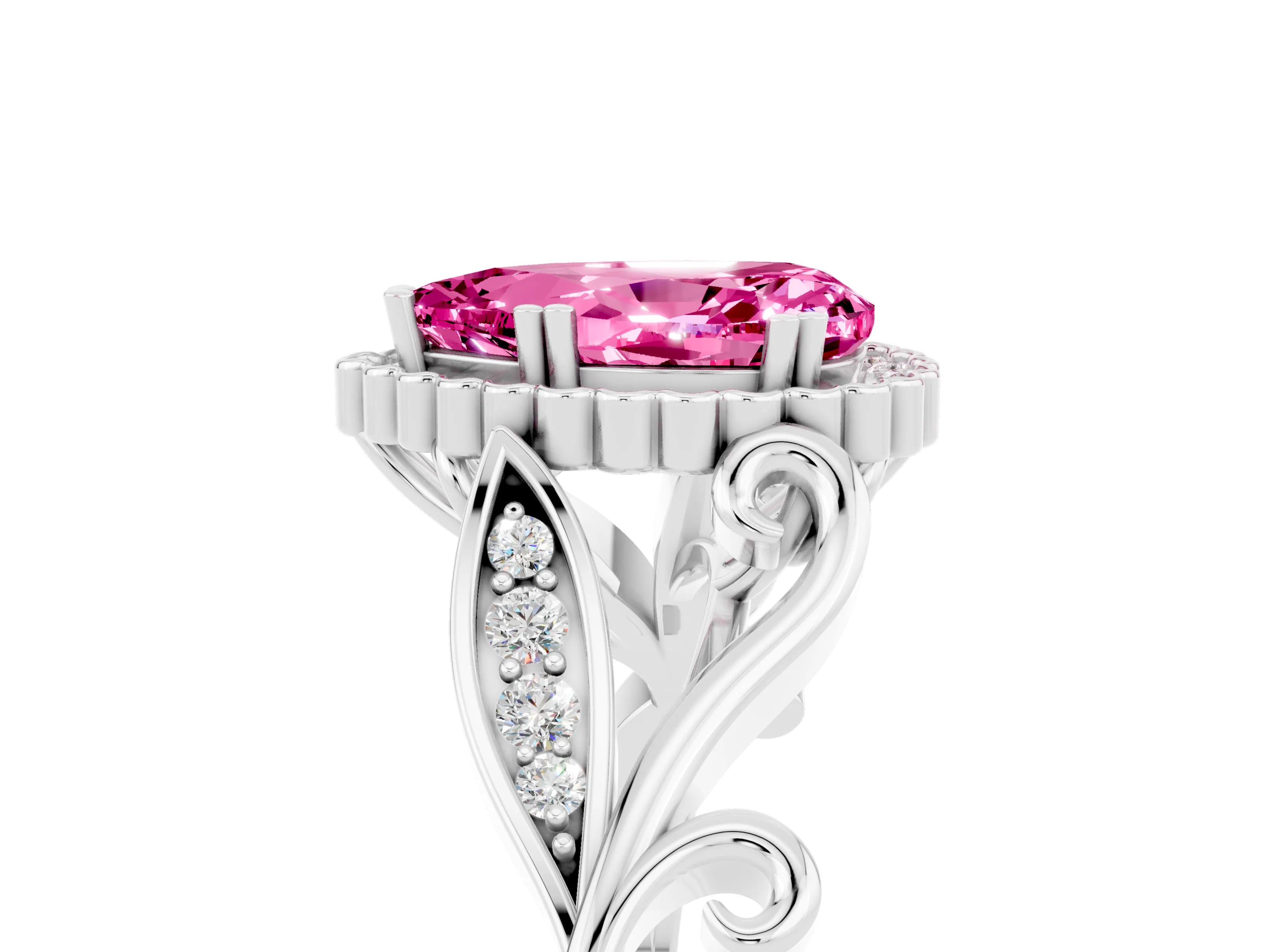 White gold Pear Cut Pink Sapphire Halo Ring with Vintage Split Shank and Four-Prong Setting_5