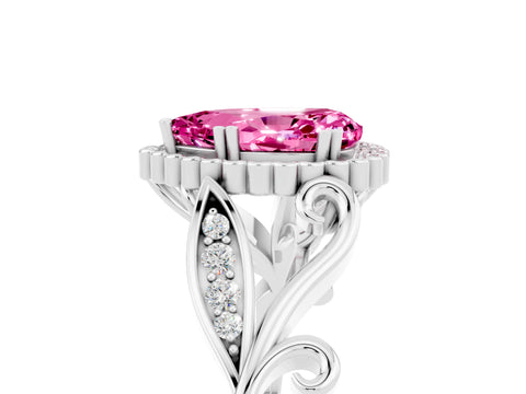 White gold Pear Cut Pink Sapphire Halo Ring with Vintage Split Shank and Four-Prong Setting_5