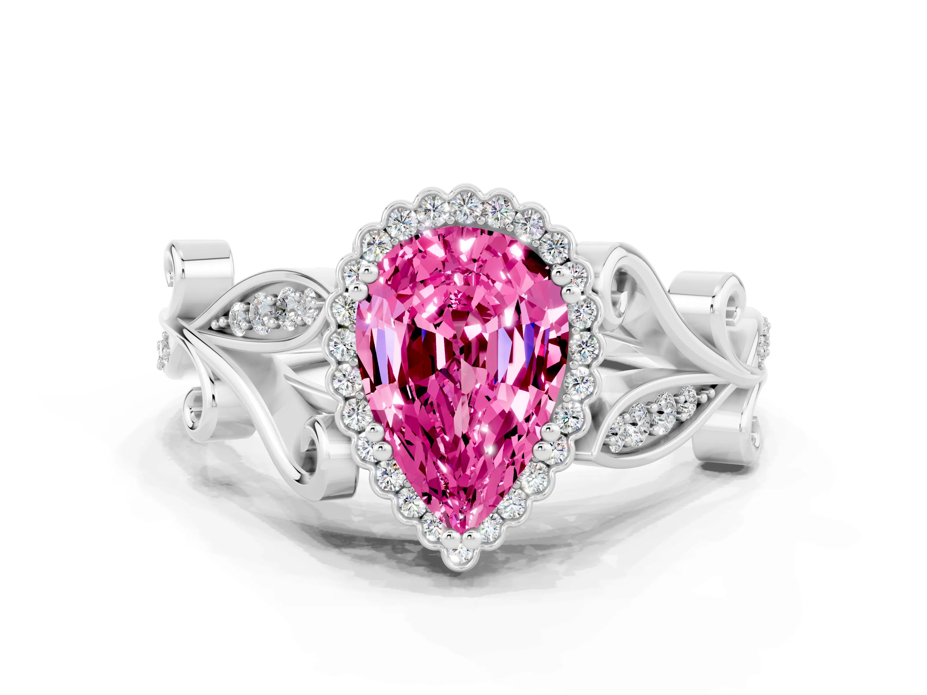 White gold Pear Cut Pink Sapphire Halo Ring with Vintage Split Shank and Four-Prong Setting