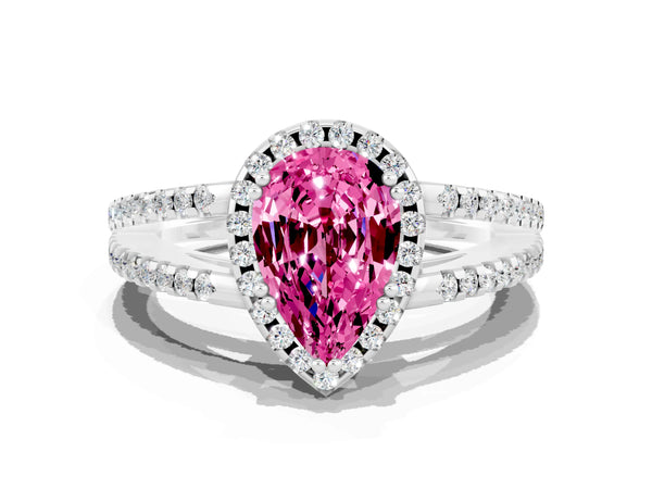 White gold Pear Cut Pink Sapphire Halo Split Shank Engagement Ring