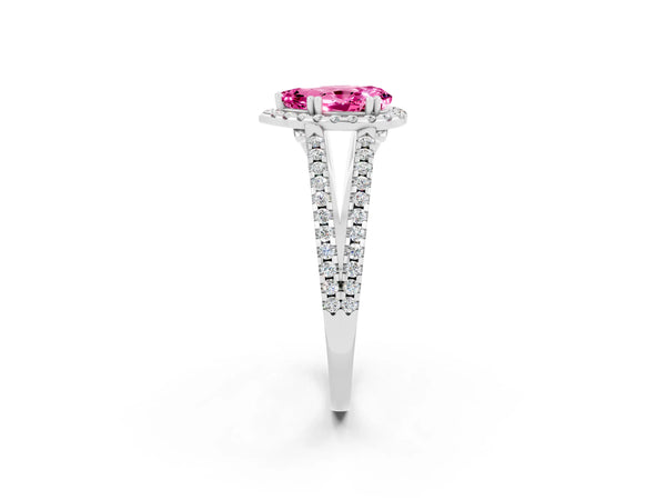 White gold Pear Cut Pink Sapphire Halo Split Shank Engagement Ring