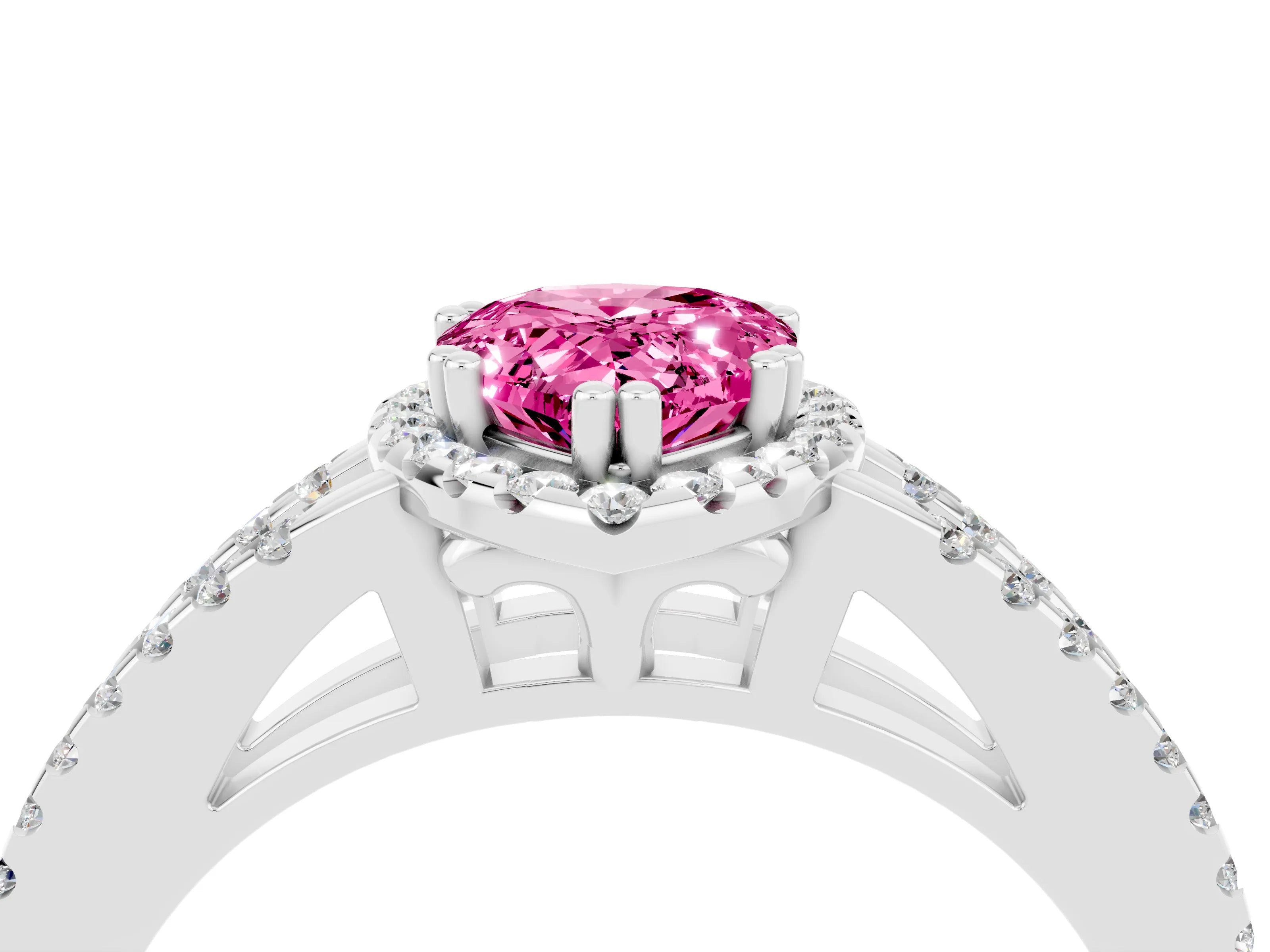 White gold Pear Cut Pink Sapphire Halo Split Shank Engagement Ring_16