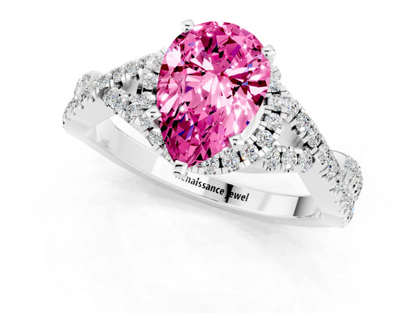Platinum Pear Cut Pink Sapphire  Halo Twist Band Solitaire Prong Setting Ring