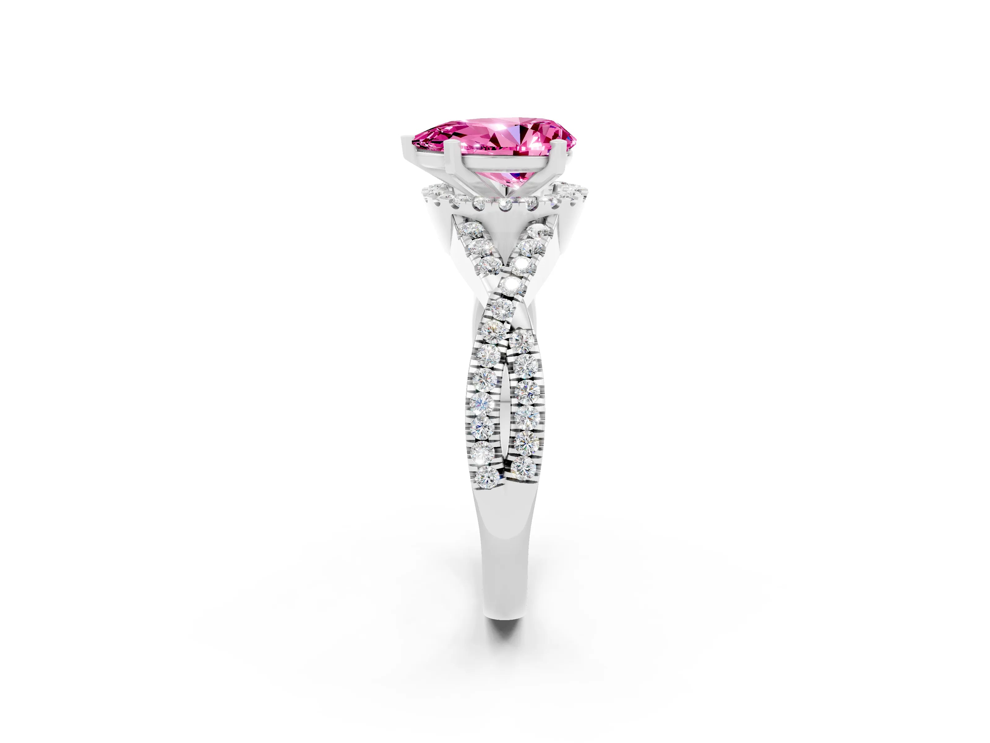 White gold Pear Cut Pink Sapphire Halo Twist Band Solitaire Prong Setting Ring_26