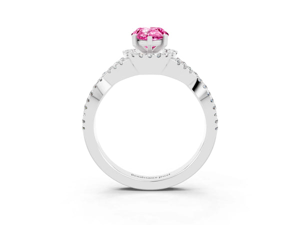 White gold Pear Cut Pink Sapphire  Halo Twist Band Solitaire Prong Setting Ring