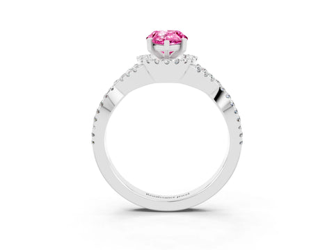 White gold Pear Cut Pink Sapphire Halo Twist Band Solitaire Prong Setting Ring_27