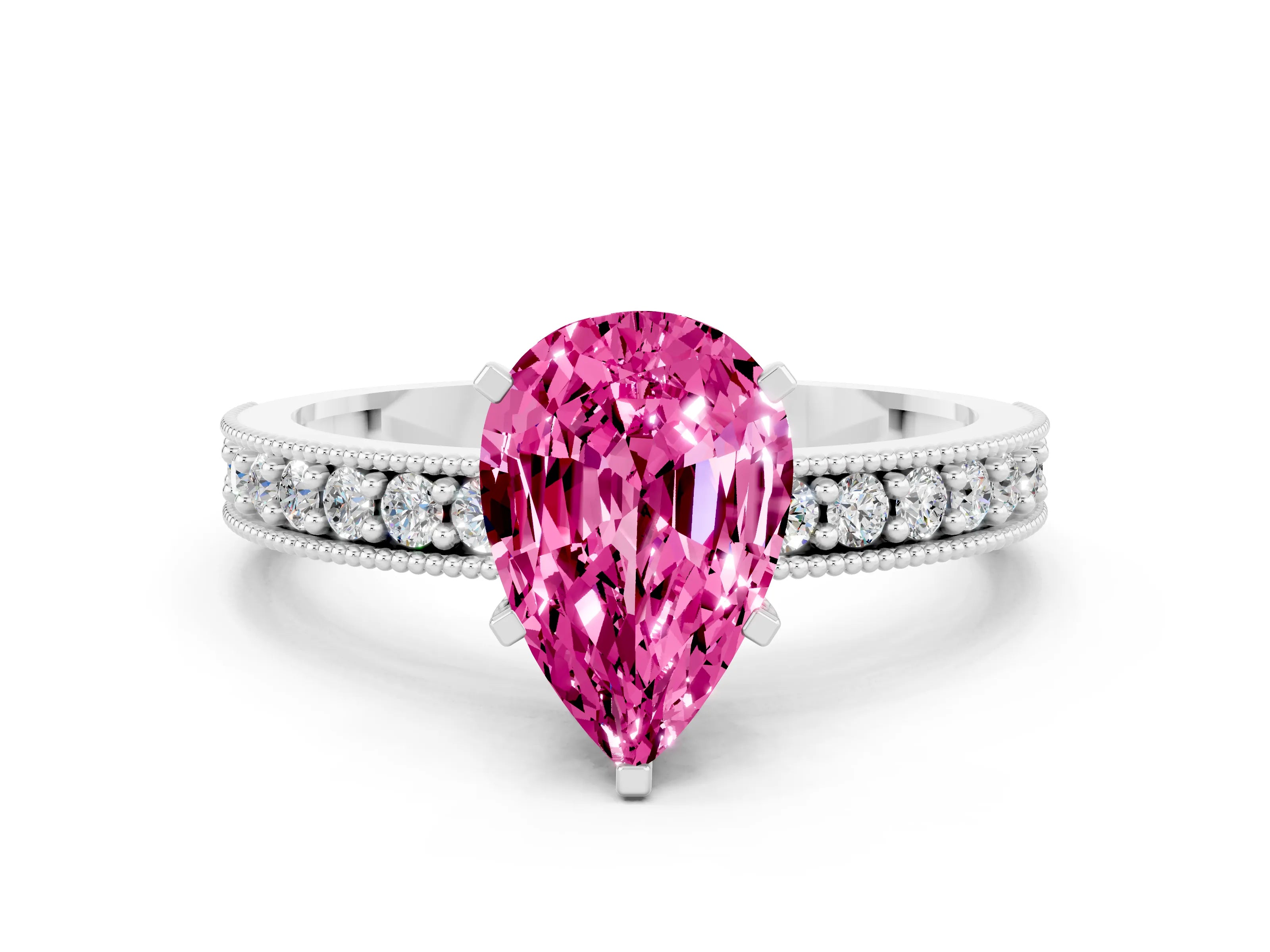 White gold Pear Cut Pink Sapphire Milgrain Pavé Engagement Ring with Four-Prong Setting_24