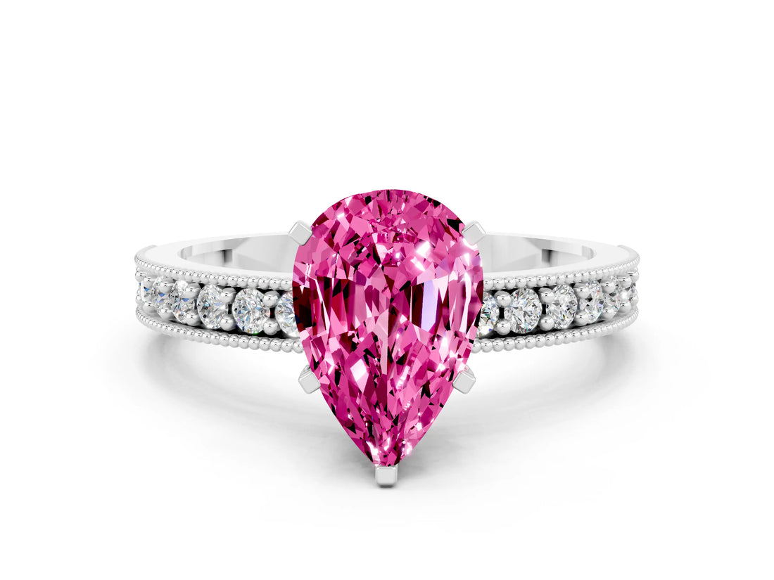 White gold Pear Cut Pink Sapphire Milgrain Pavé Engagement Ring with Four-Prong Setting_24