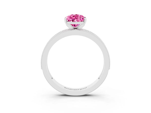 White gold Pear Cut Pink Sapphire Milgrain Pavé Engagement Ring with Four-Prong Setting