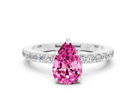 White gold Pear Cut Pink Sapphire Pavé Engagement Ring with Round  Accents and Prong Setting_48