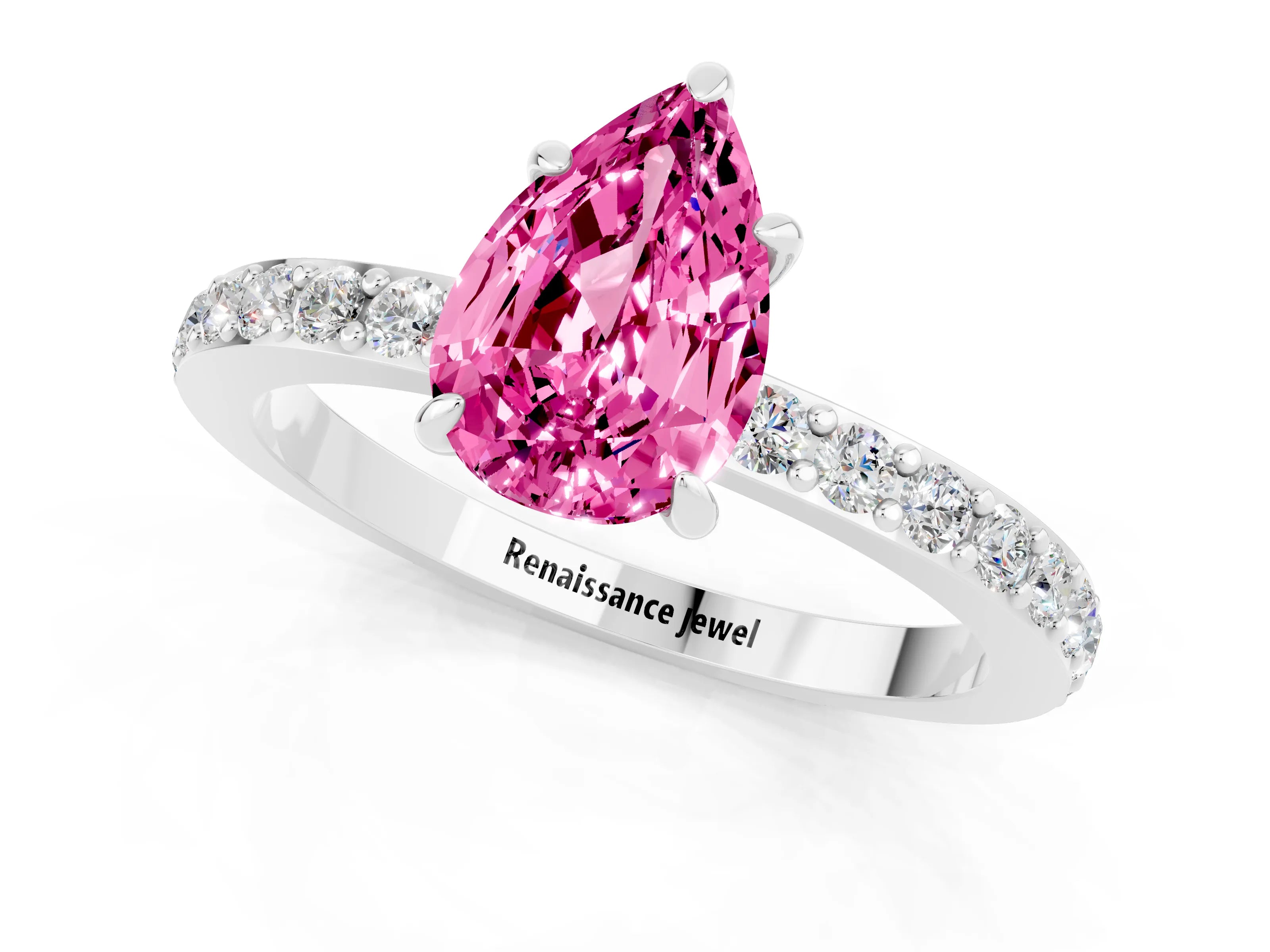 White gold Pear Cut Pink Sapphire Pavé Engagement Ring with Round  Accents and Prong Setting_49