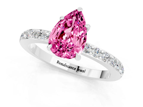 White gold Pear Cut Pink Sapphire Pavé Engagement Ring with Round  Accents and Prong Setting_49
