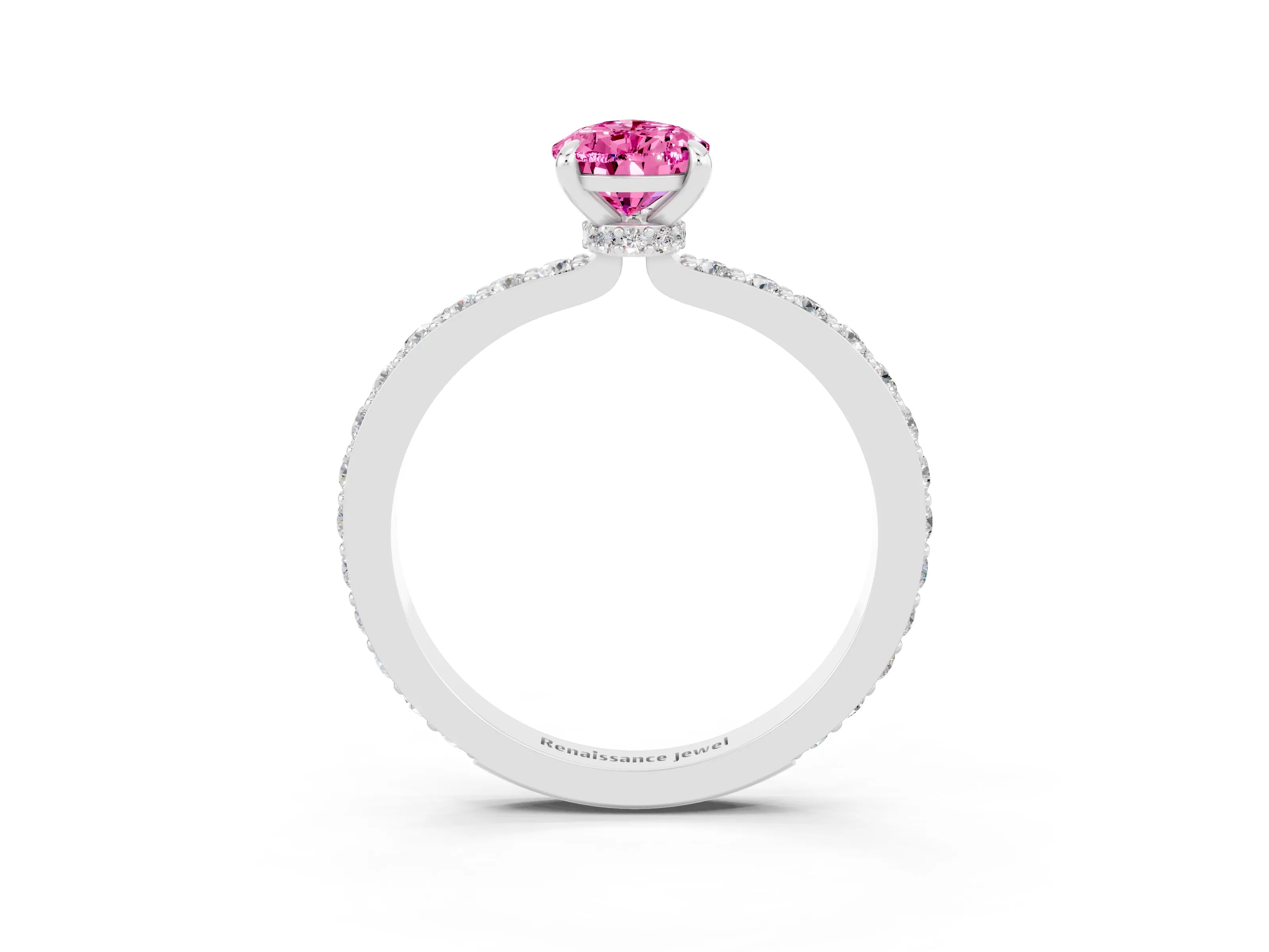 White gold Pear Cut Pink Sapphire Pavé Engagement Ring with Round  Accents and Prong Setting_51