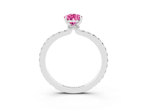 White gold Pear Cut Pink Sapphire Pavé Engagement Ring with Round  Accents and Prong Setting_51