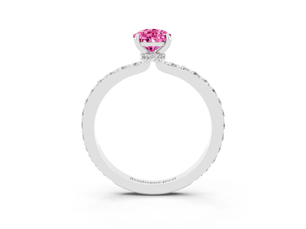 Silver Pear Cut Pink Sapphire Pavé Engagement Ring with Round  Accents and Prong Setting