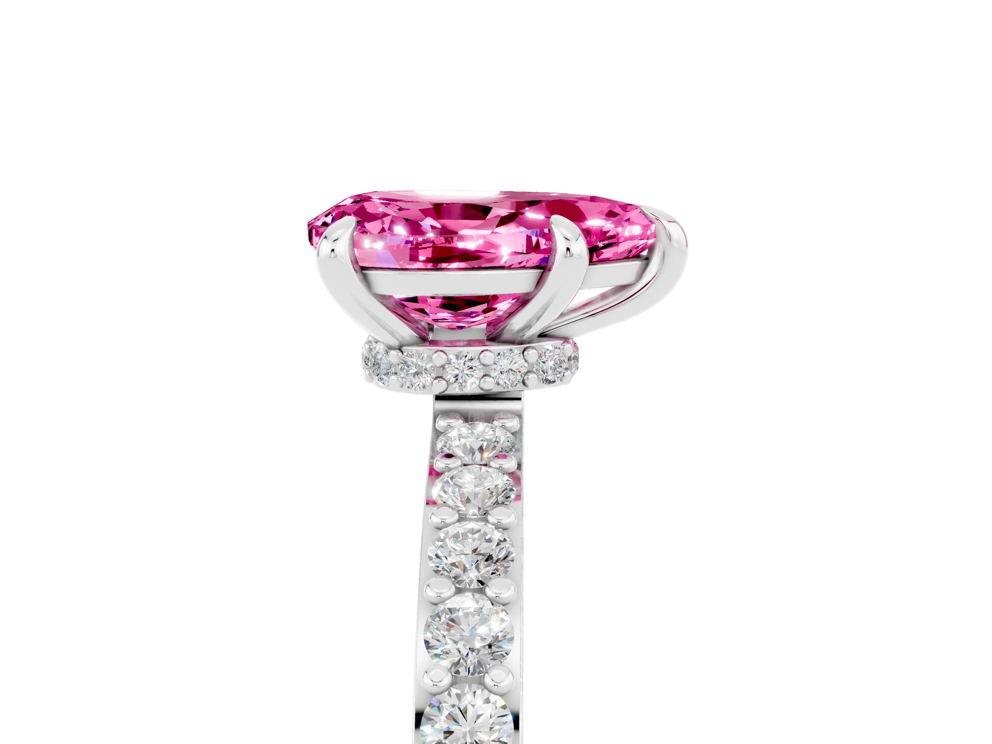 White gold Pear Cut Pink Sapphire Pavé Engagement Ring with Round  Accents and Prong Setting_53