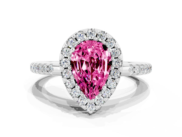 Silver Pear Cut Pink Sapphire Pavé Halo Ring with Four-Prong Setting
