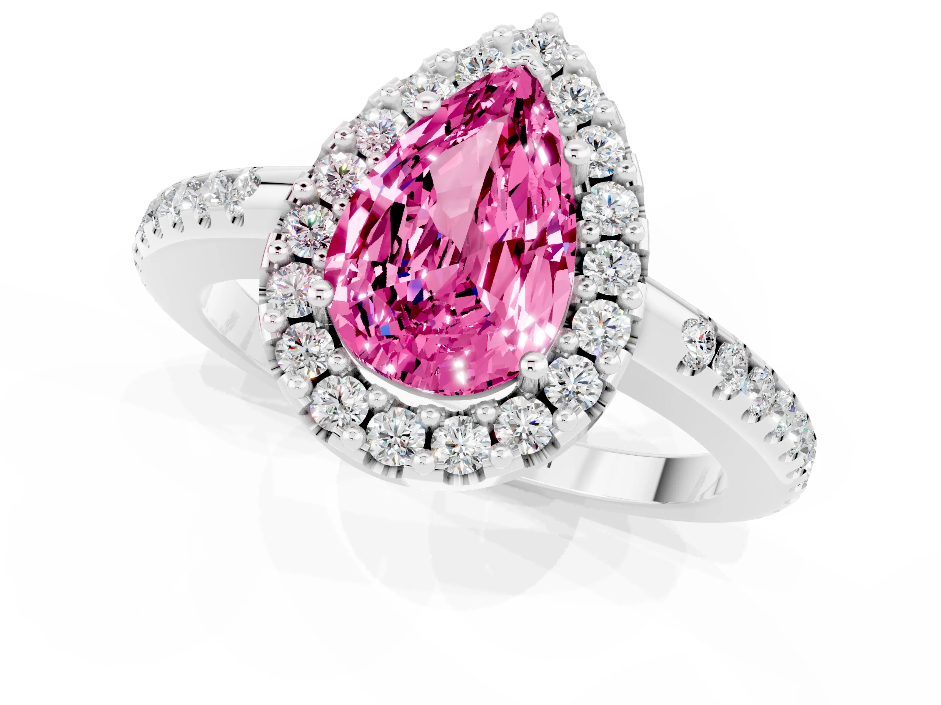 White gold Pear Cut Pink Sapphire Pavé Halo Ring with Four-Prong Setting_13