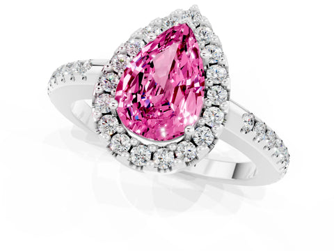White gold Pear Cut Pink Sapphire Pavé Halo Ring with Four-Prong Setting_13