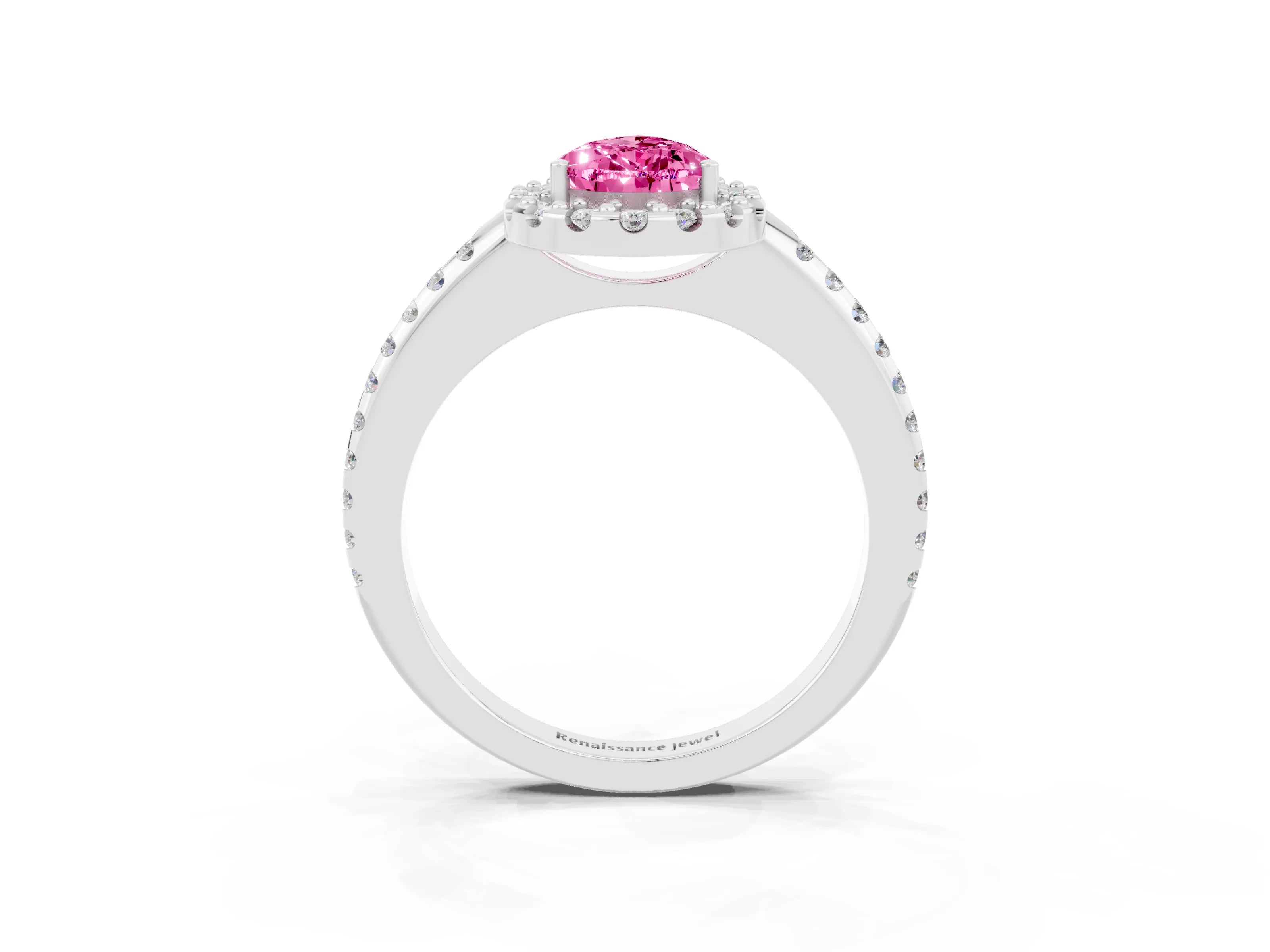 White gold Pear Cut Pink Sapphire Pavé Halo Ring with Four-Prong Setting_15