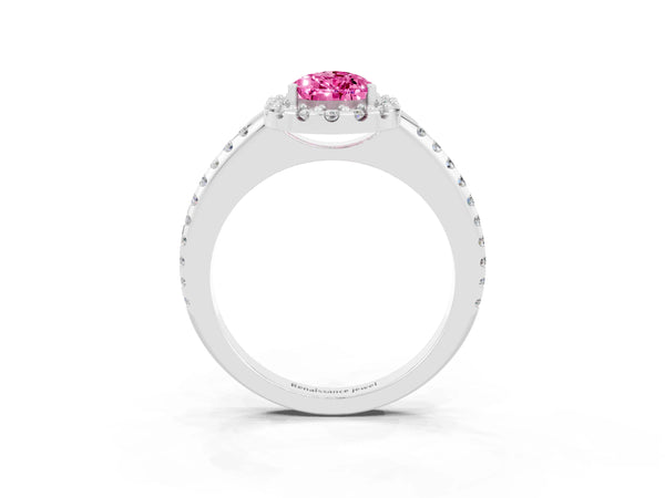 Silver Pear Cut Pink Sapphire Pavé Halo Ring with Four-Prong Setting