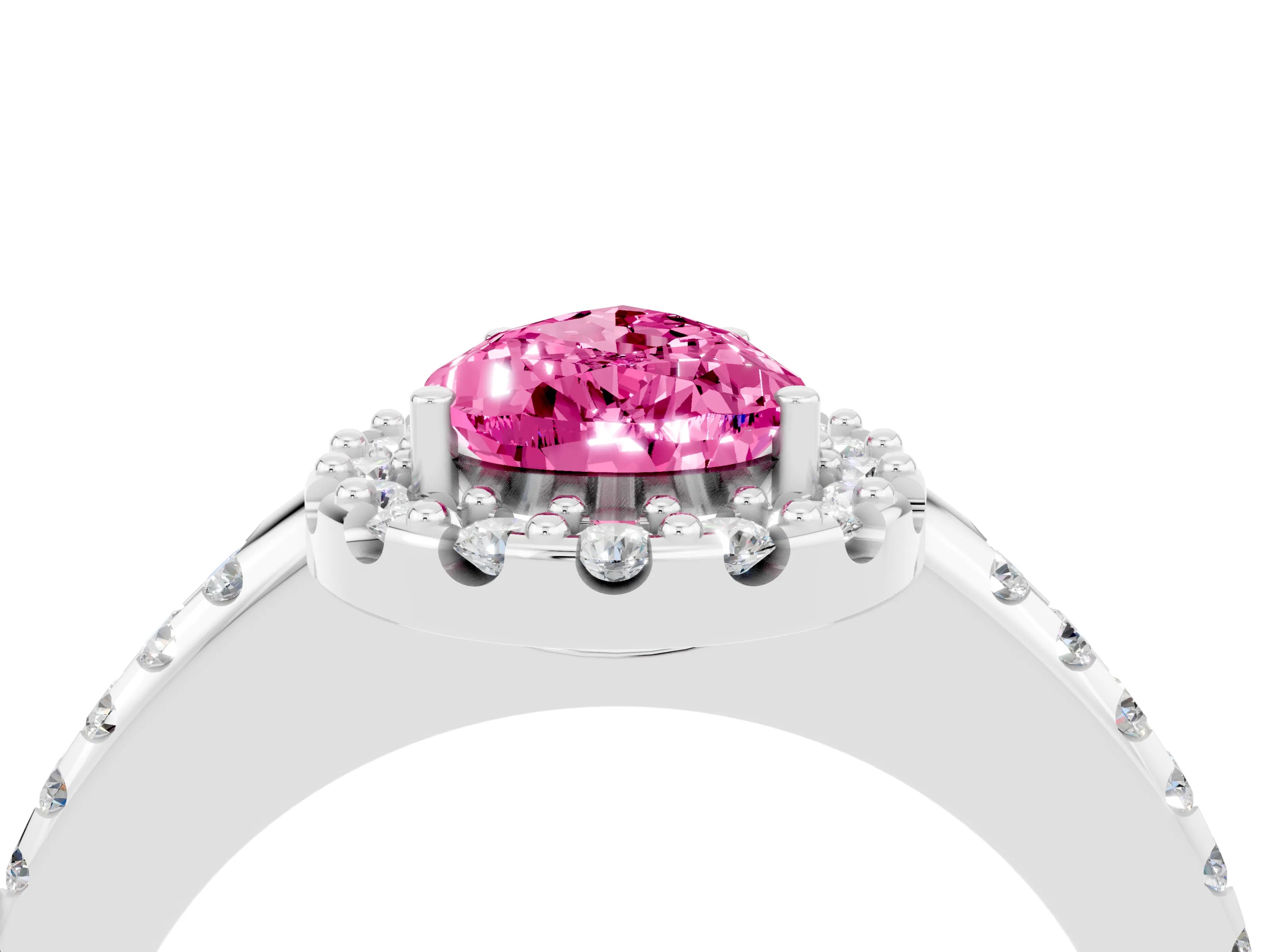 White gold Pear Cut Pink Sapphire Pavé Halo Ring with Four-Prong Setting_16