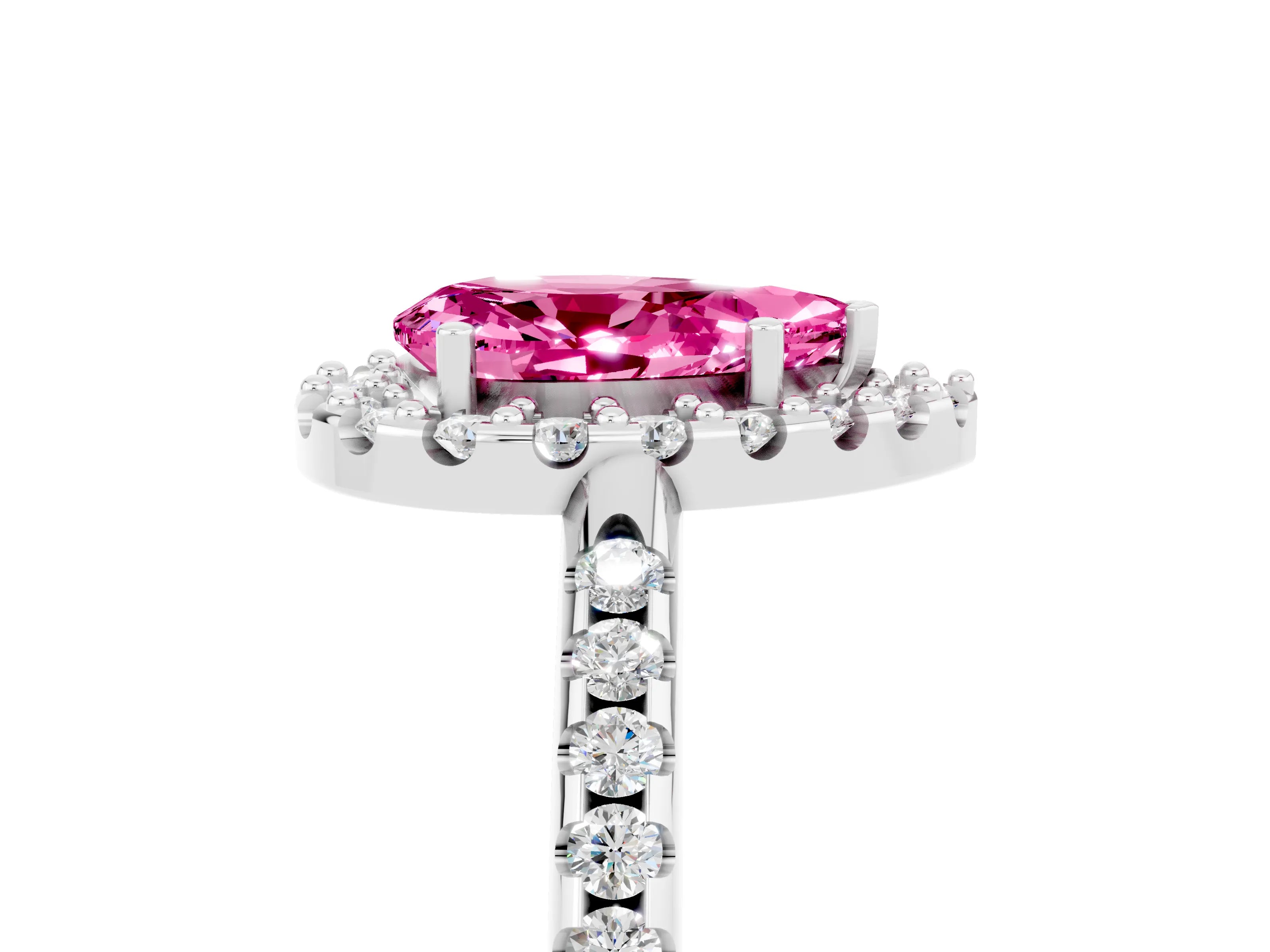 White gold Pear Cut Pink Sapphire Pavé Halo Ring with Four-Prong Setting_17
